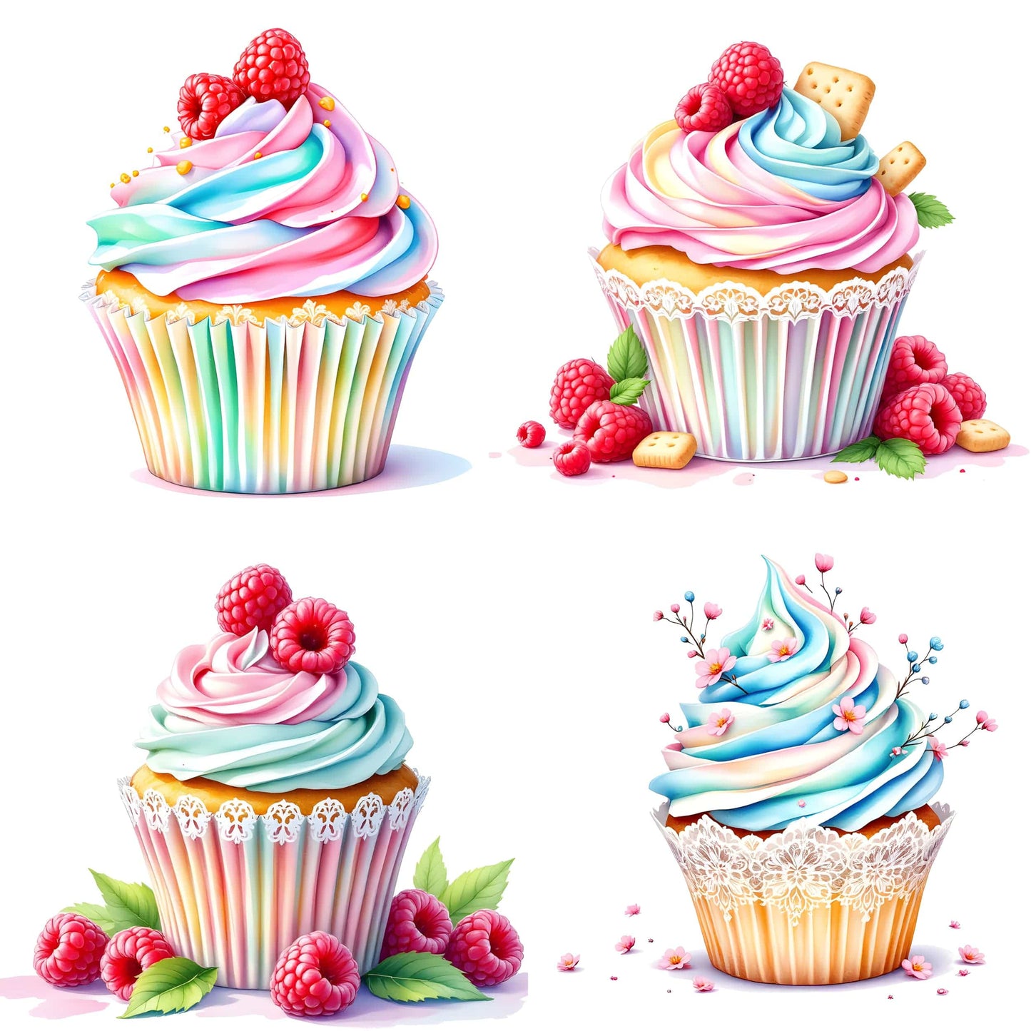 Four rainbow swirled cupcakes with fresh raspberries, lace wrappers, and delicate floral accents in watercolor style