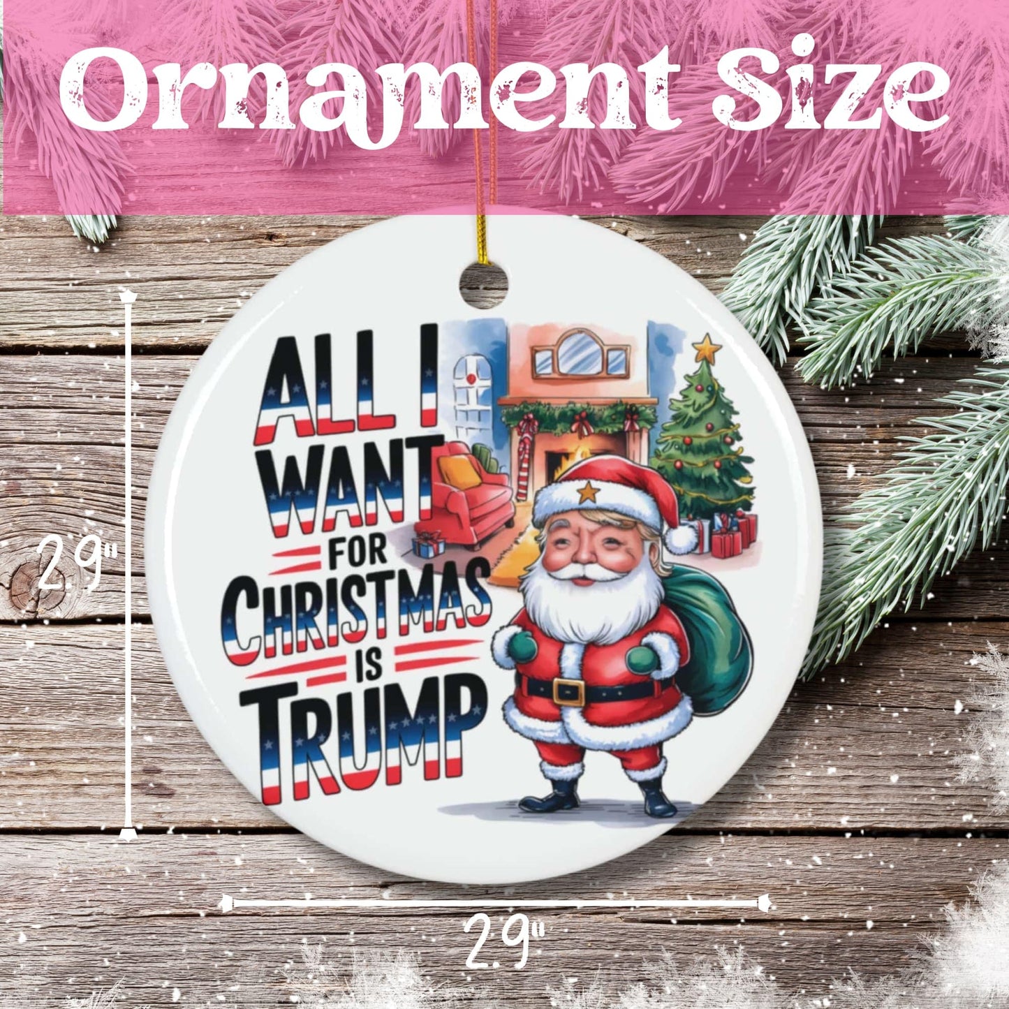 Product measurement showing 2.9-inch diameter ceramic ornament. Features holiday scene with decorated fireplace, Christmas tree, and presents on white porcelain with pine branch accents.