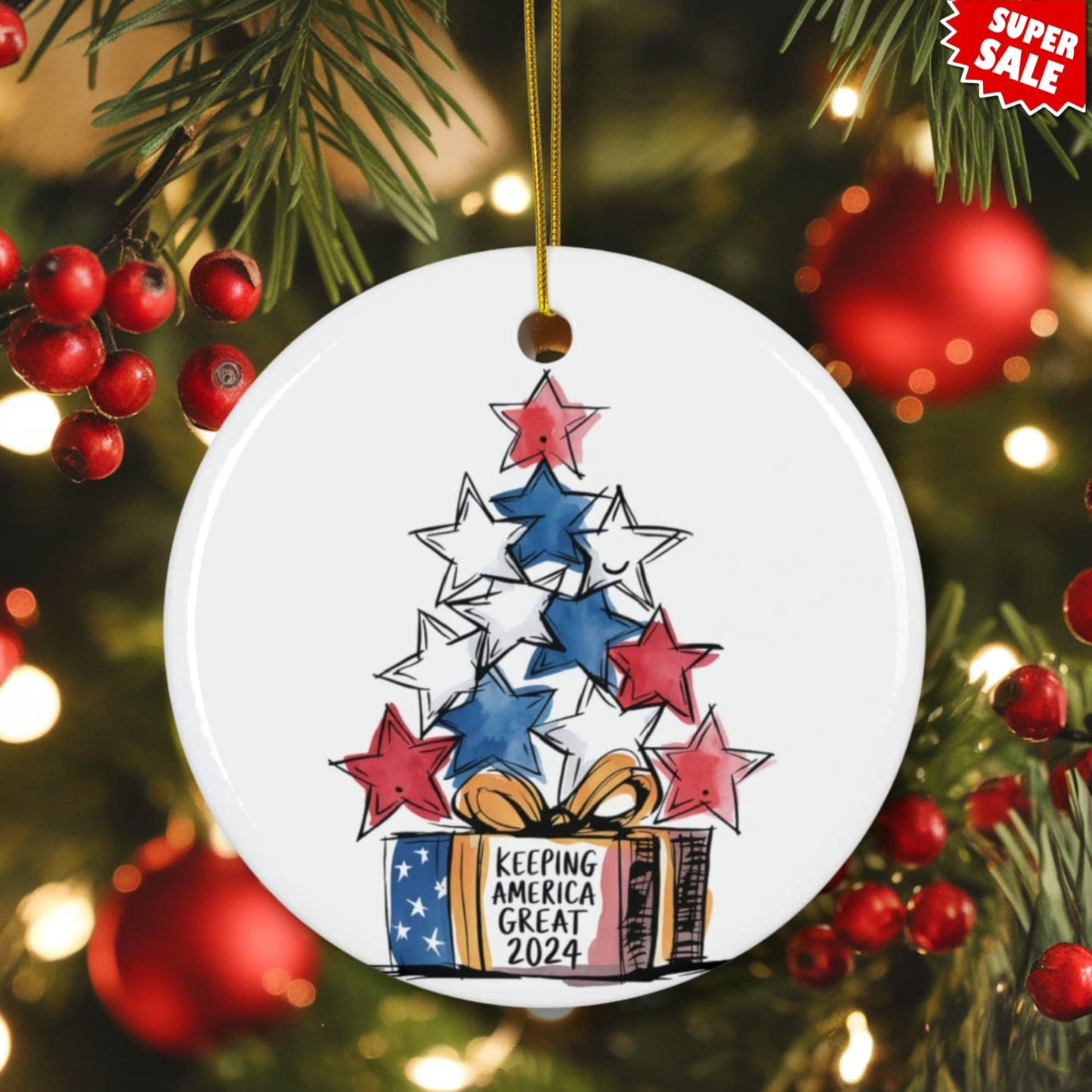 Holiday ceramic ornament with patriotic star design displayed on Christmas tree with red berries and warm lights, featuring Super Sale promotion tag.