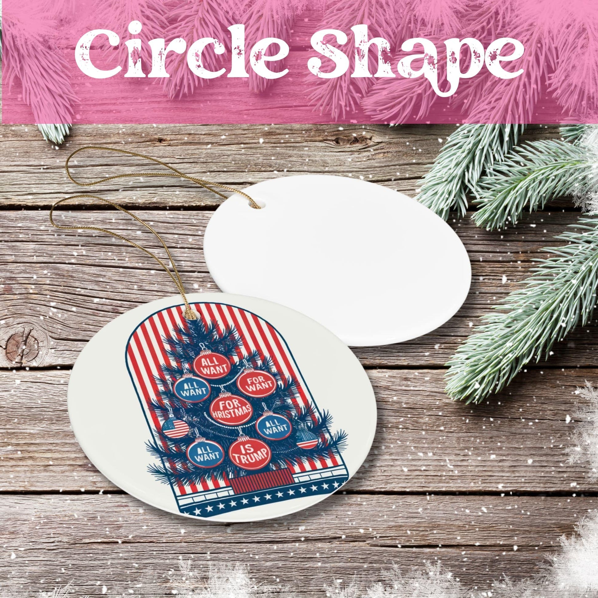 Circle shaped ceramic ornament featuring patriotic Christmas tree design with red stripes and blue ornaments. White porcelain finish with gold hanging string on rustic wooden background with pine accents.