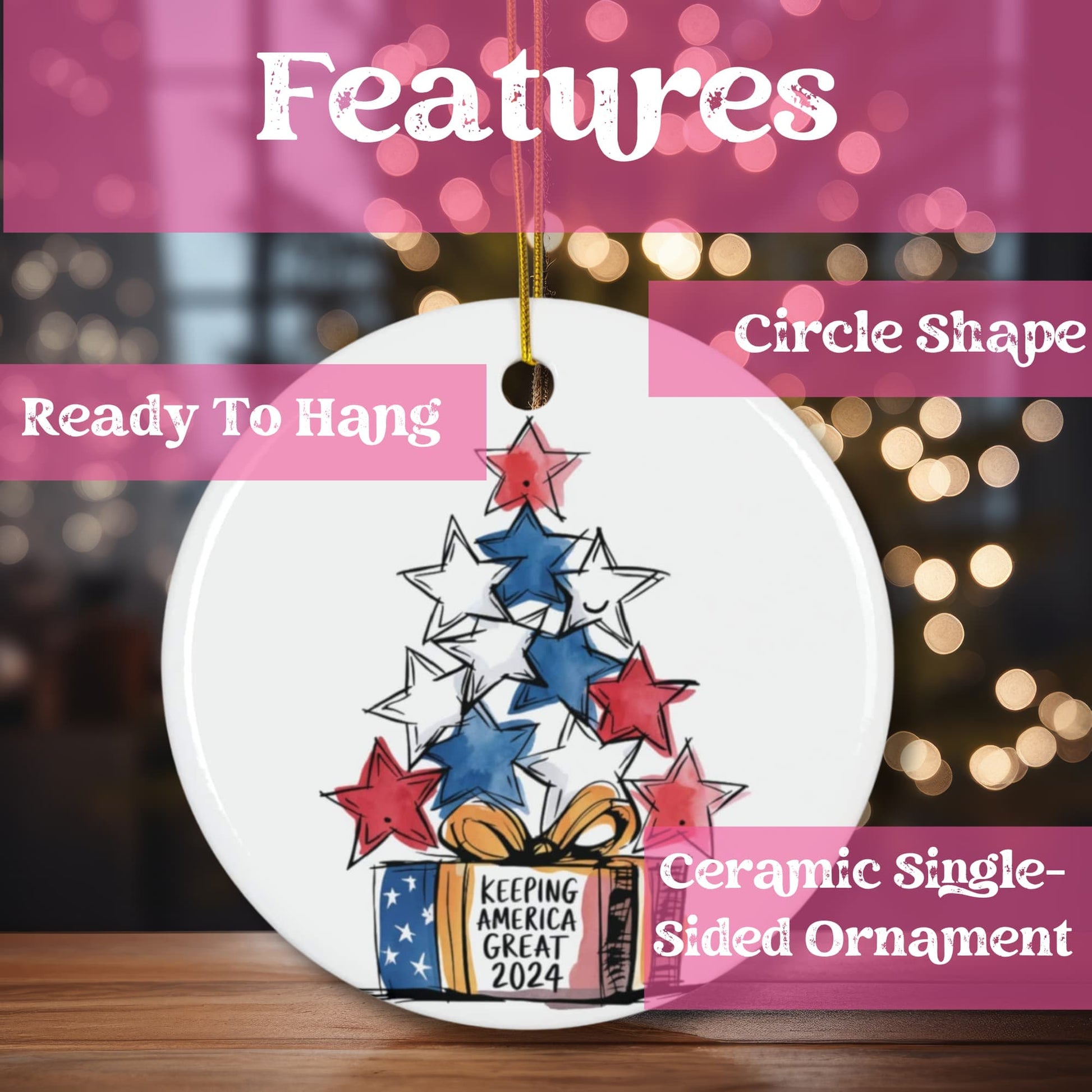 Product features showcase of circle-shaped ceramic ornament highlighting ready-to-hang design and single-sided decoration with American-themed artwork against bokeh background.