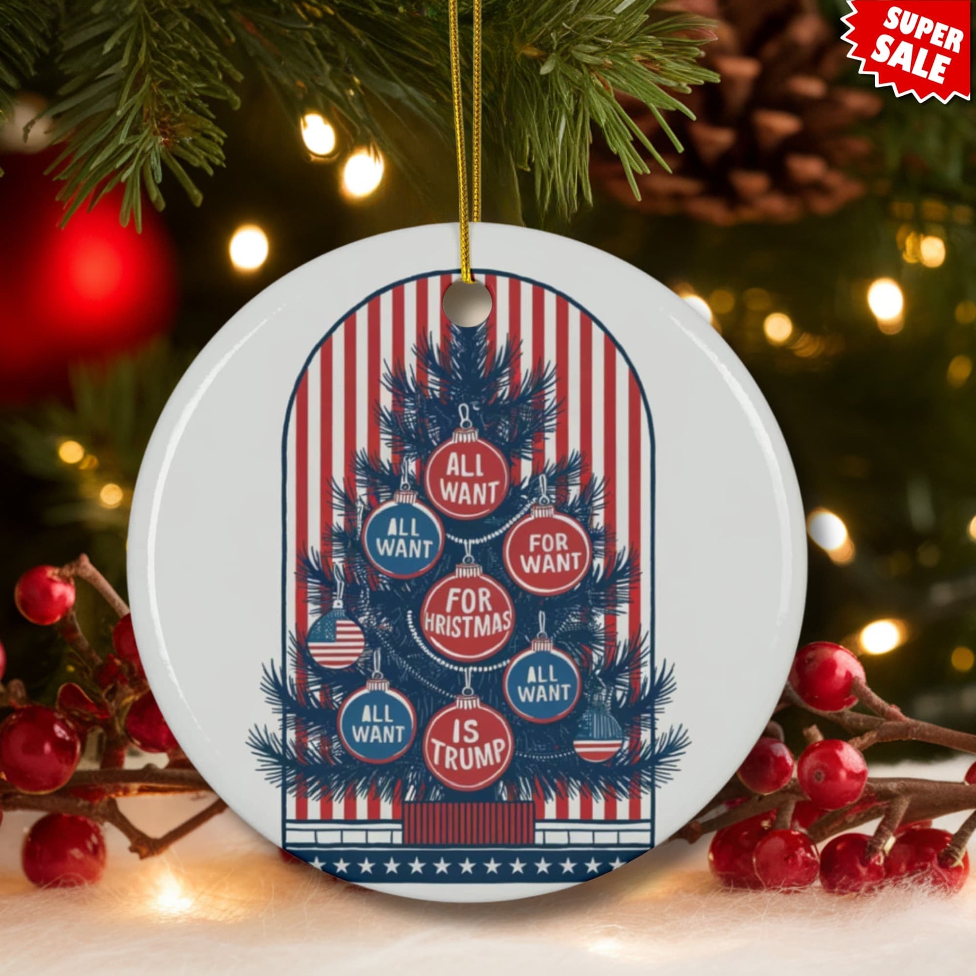 Holiday scene showing ceramic ornament on Christmas tree with warm lighting and red berry decorations. Features American-themed tree design with super sale badge in corner.