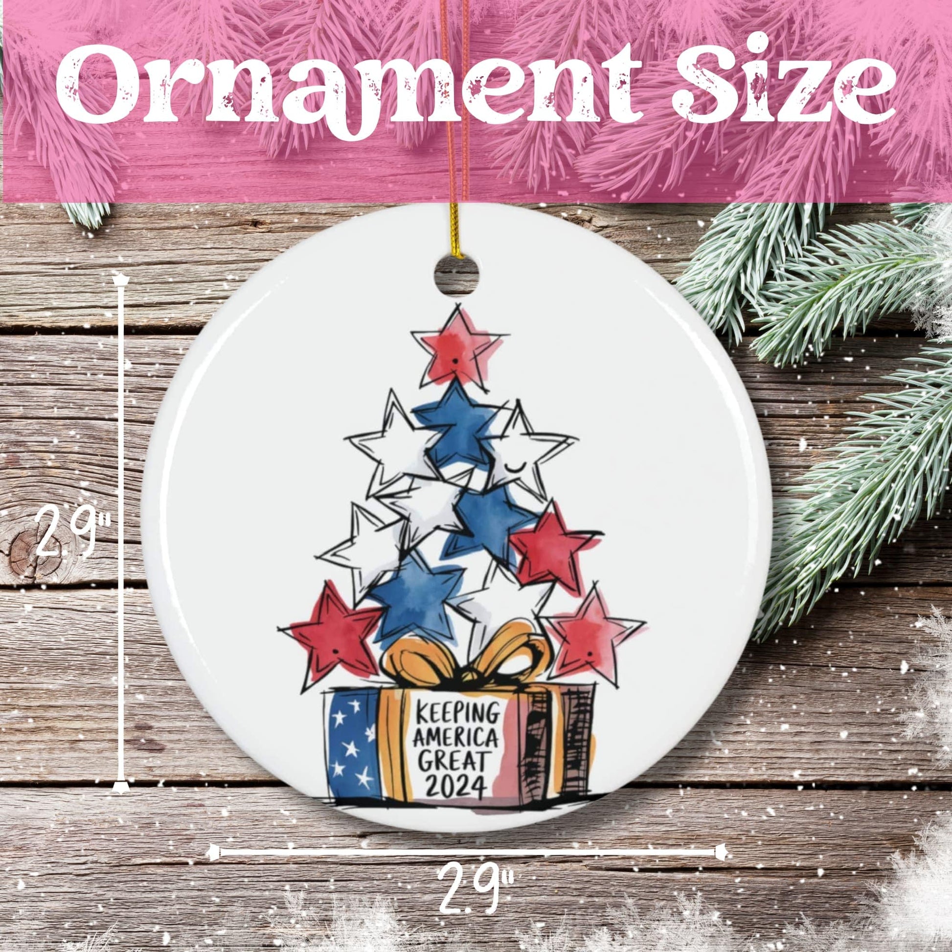 Size demonstration of 2.9-inch diameter ceramic Christmas ornament featuring patriotic star pattern, measurement overlay on wooden background with pine needles.