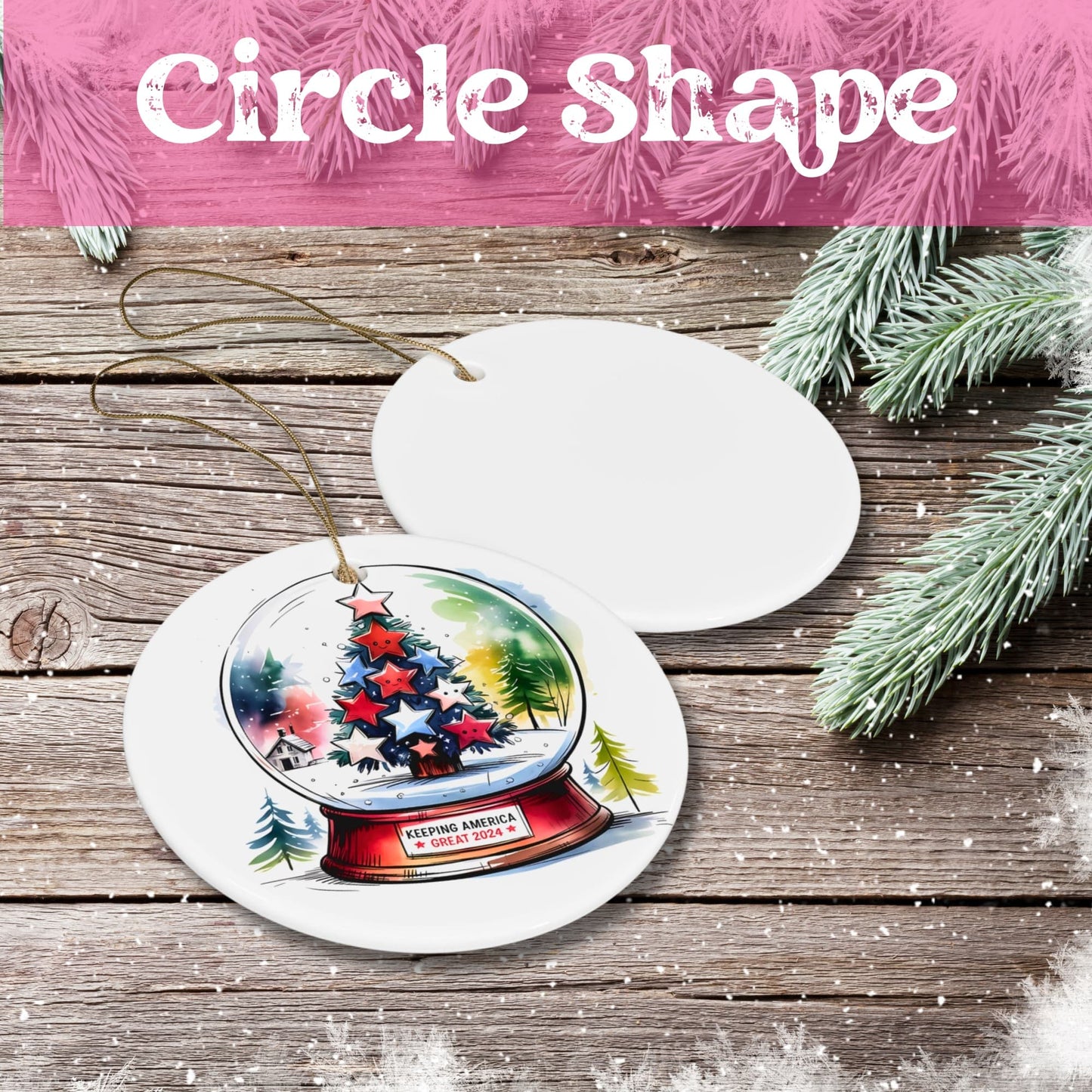 Circle shaped ceramic ornament featuring winter snowglobe design with red, white and blue star-decorated tree. White porcelain finish with detailed snowy scene on rustic wooden background.