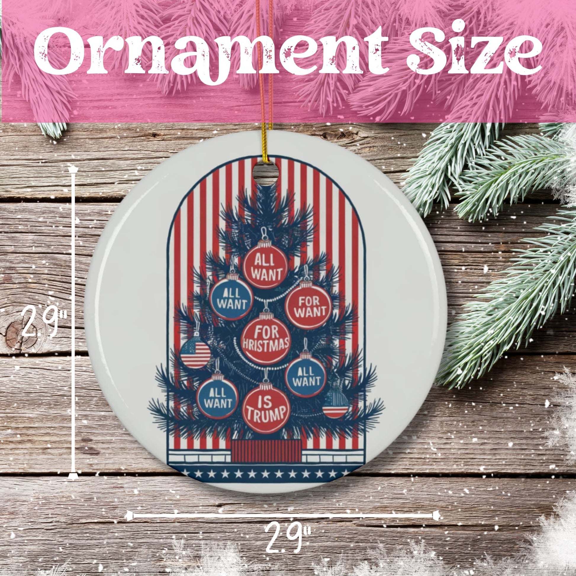 Product measurement showing 2.9-inch diameter ceramic ornament. Features American-themed Christmas tree design with stars and stripes motif on white porcelain background.