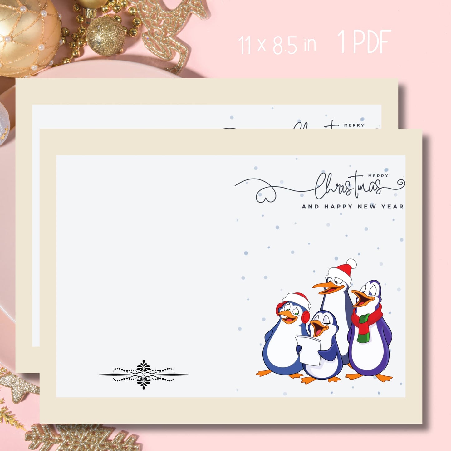 Free printable 11x8.5 Christmas card with caroling penguin family in Santa hats, modern script lettering 'Merry Christmas and Happy New Year', shown with gold ornaments on pink background