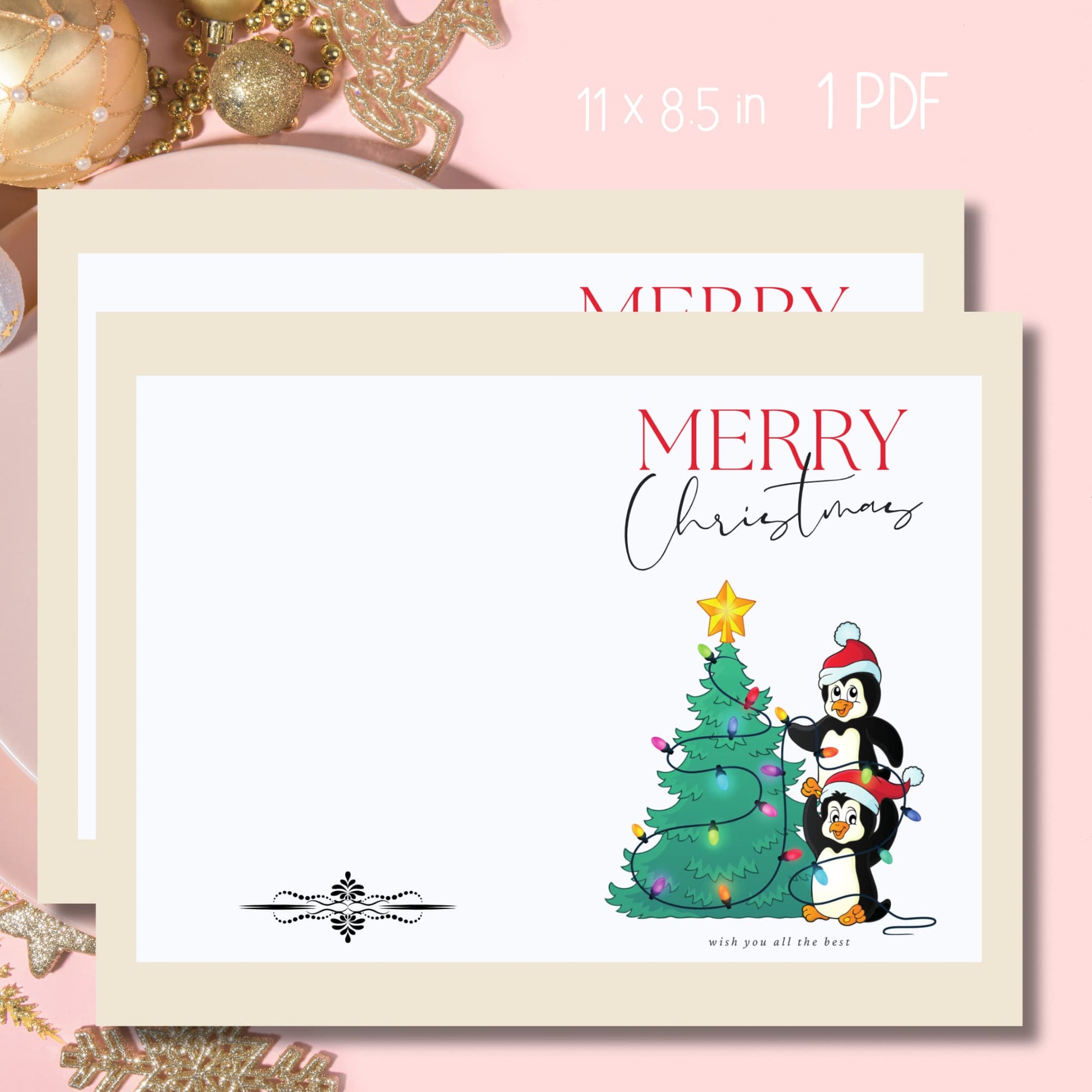 Free 8.5x11 printable card with adorable penguin pair and decorated tree, gold star topper and colorful lights, elegant black divider and 'wish you all the best' message, cuts to 5x