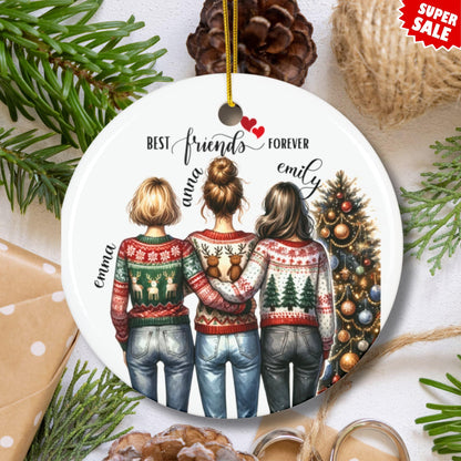 White Ceramic Custom Christmas Ornament for 3 Friends with Names 2024 (3mm) - Circle Shape | Best Friend Ornament Gifts/Keepsake for BFF Besties