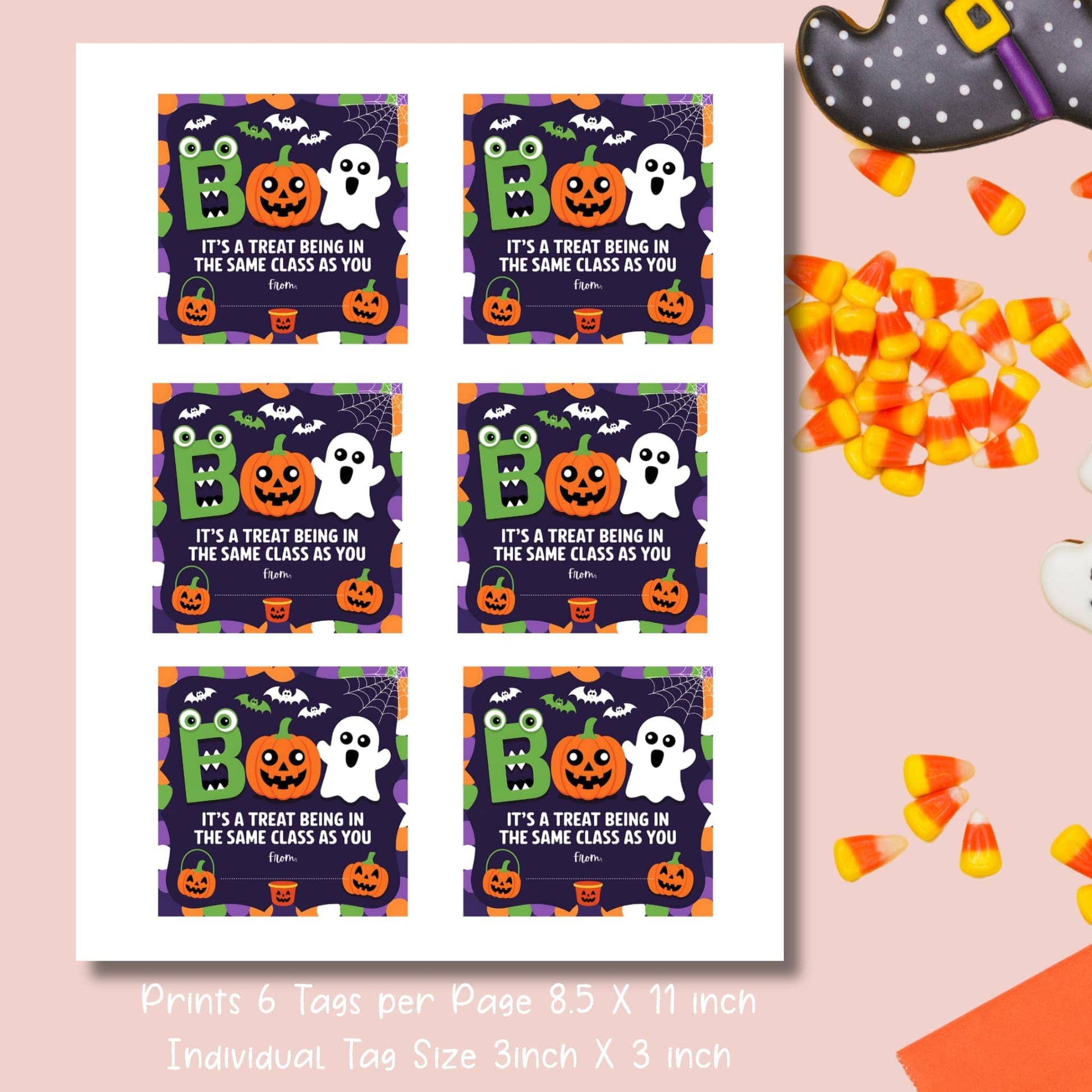 Printable sheet of purple Halloween BOO gift tags, 6 tags per 8.5x11 inch page, featuring cute monster, pumpkin, and ghost designs for friends and family