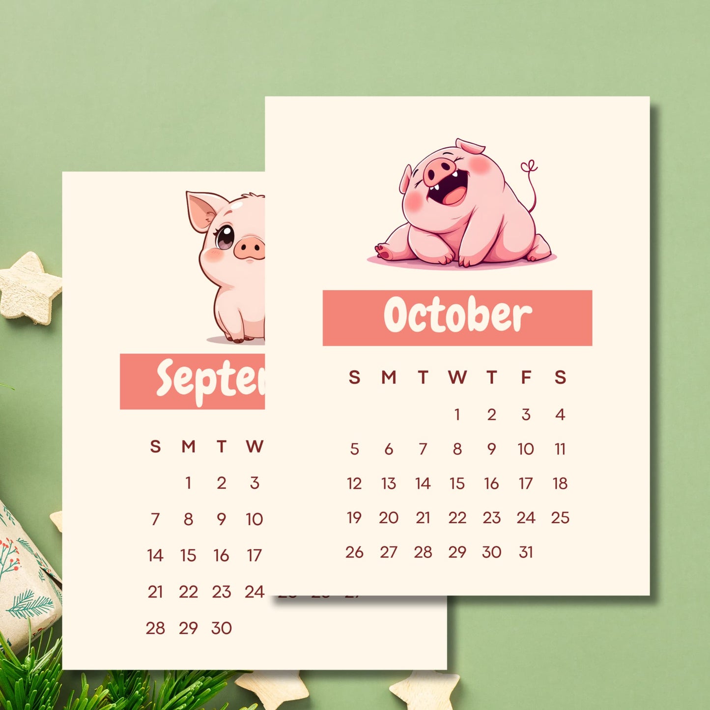 September and October 2025 calendar pages featuring shy and laughing pig illustrations against cream background with seasonal green decor