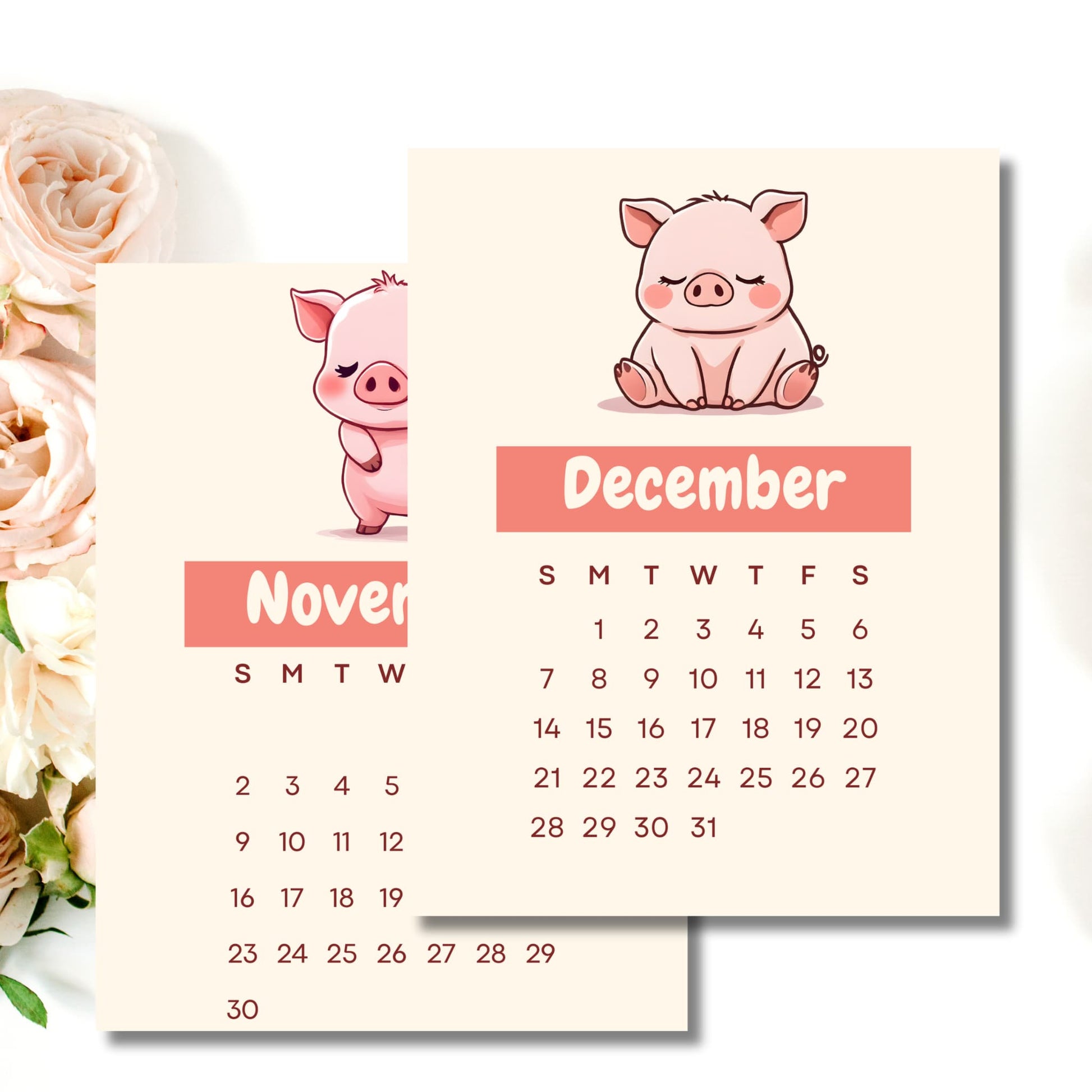 November and December 2025 calendar pages with kawaii pig illustrations, styled with soft pink roses, featuring minimalist dates on cream background