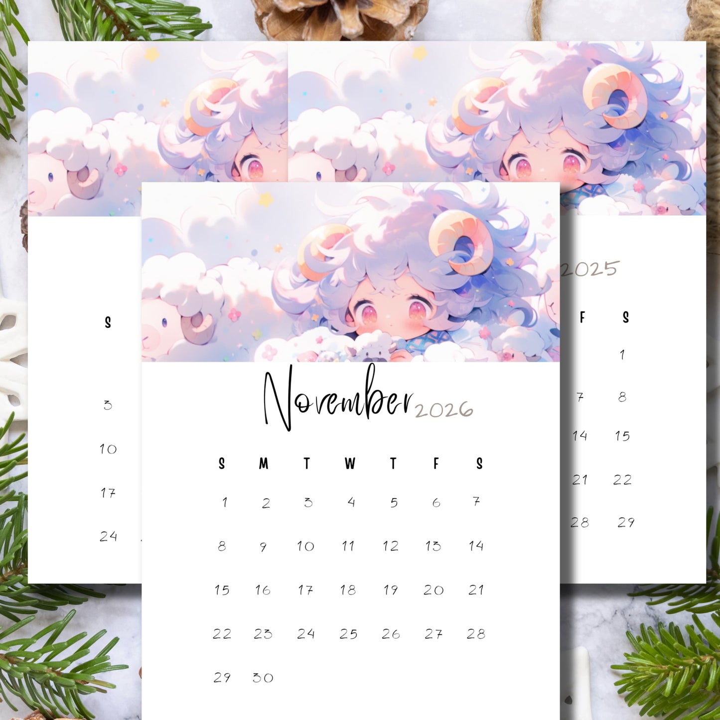 Three-year November calendar featuring whimsical anime girl with pastel purple hair and floating blossoms, styled with pine branches on marble