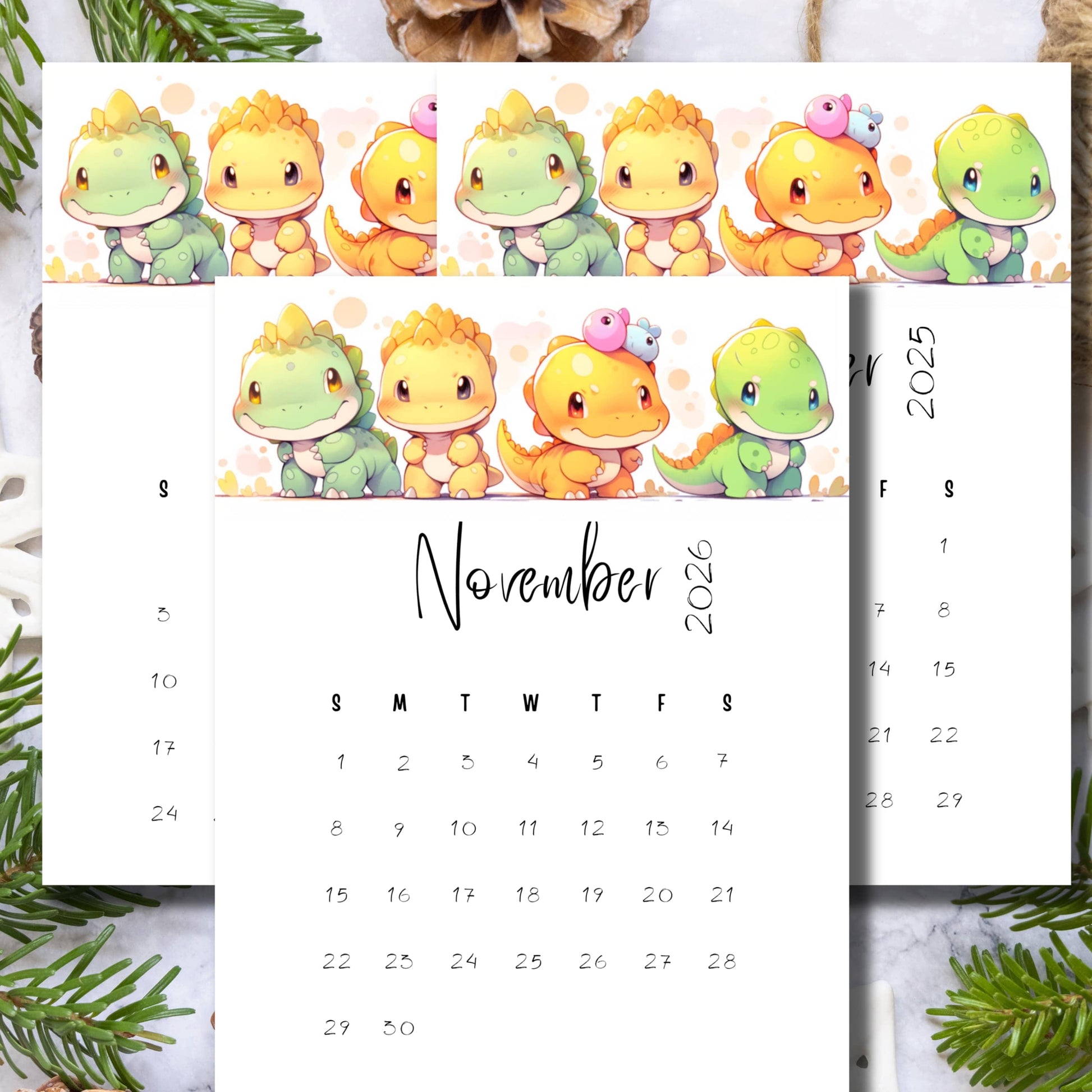 Three-year November calendar featuring four adorable baby dinosaurs in green, yellow, and orange with floating bubbles, styled with pine branches