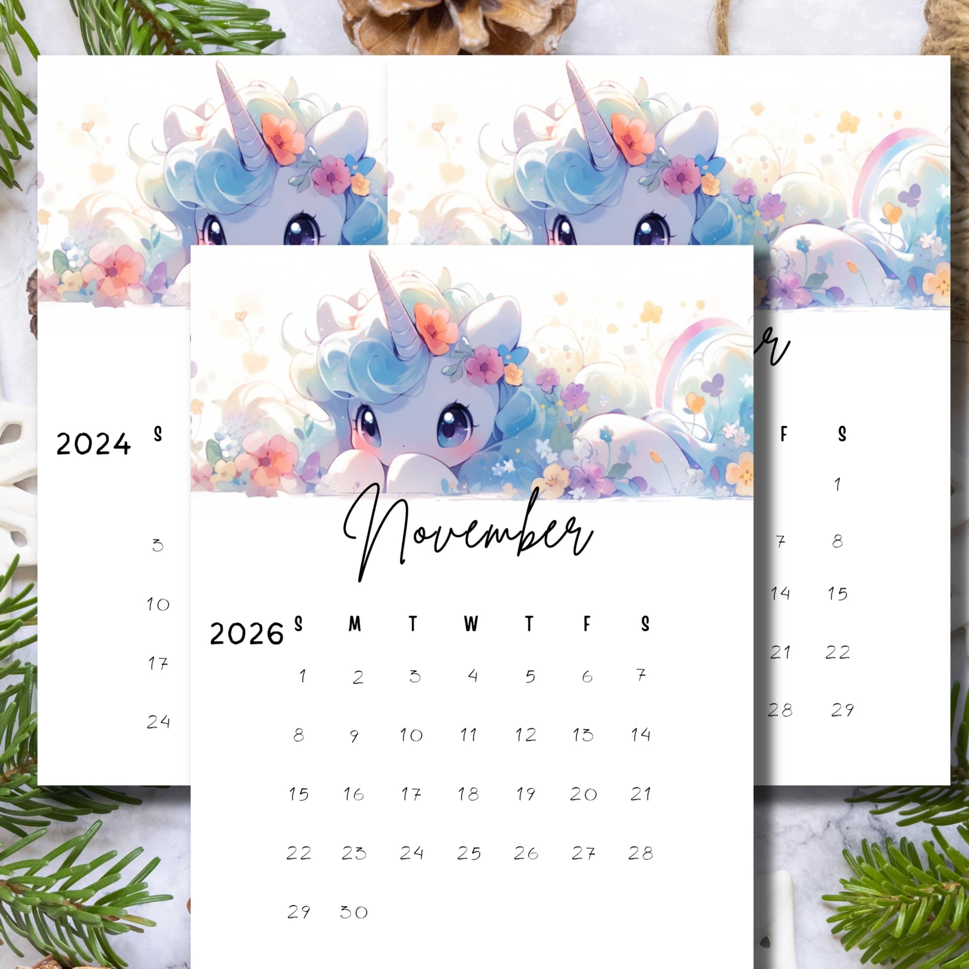 Three-year November calendar featuring kawaii unicorn with pastel blue mane and floral crown, styled with pine branches on marble background