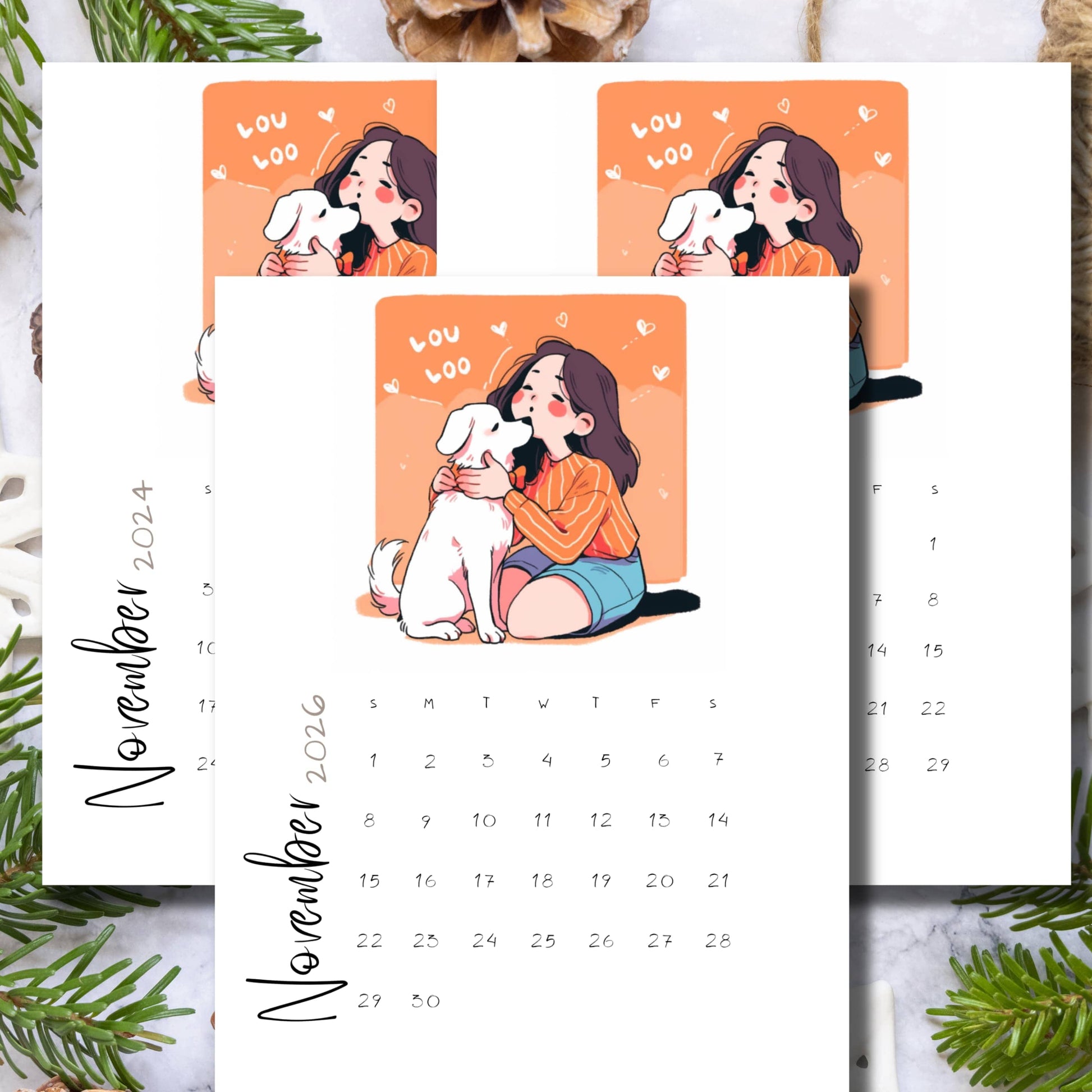 Three-year November calendar featuring kawaii girl and white dog illustration with 'lou loo' text, orange accent, styled with pine branches