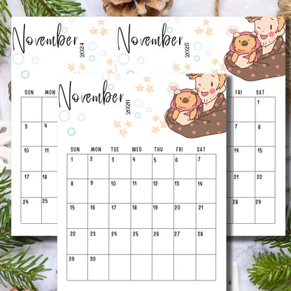 Pink and White Cute Anime Illustrated Modern Free November Monthly Calendar for 2024, 2025 & 2026 Printable - 11 x 8.5-inch A4, PDF | Sunday Start | Vertical Layout for School, Work, Journals