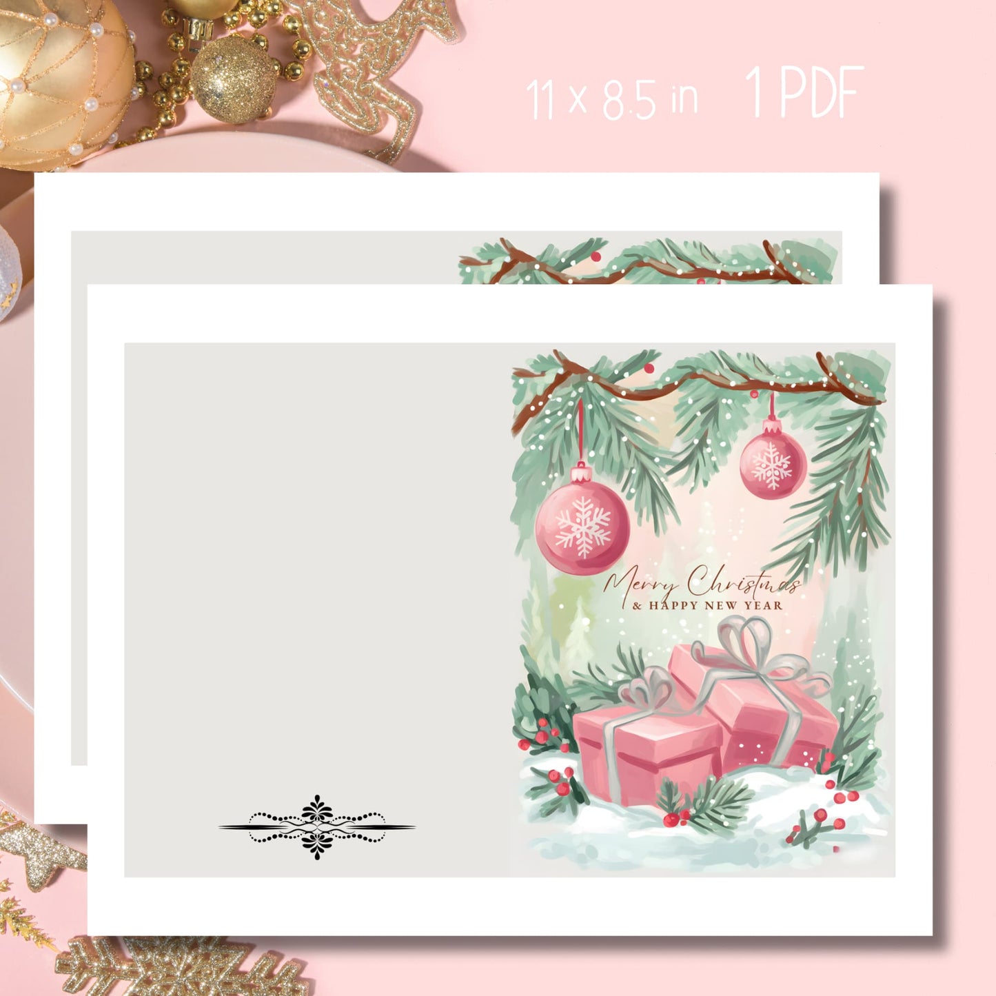 Free printable Christmas card featuring watercolor pink gifts and ornaments, mint pine branches with snow, decorative black divider on cream background, 11x8.5 format