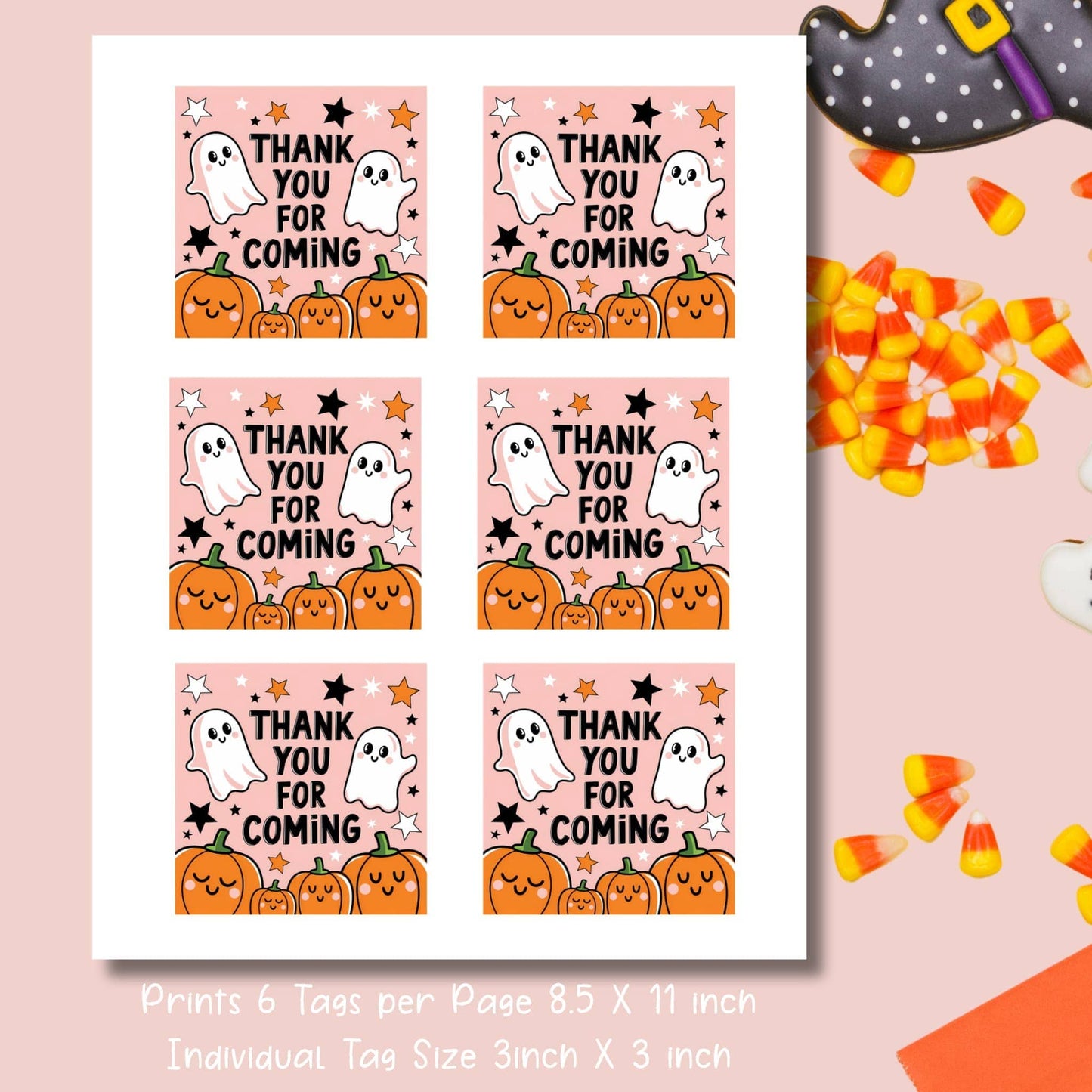 Printable sheet of six Halloween thank you tags with ghosts and pumpkins