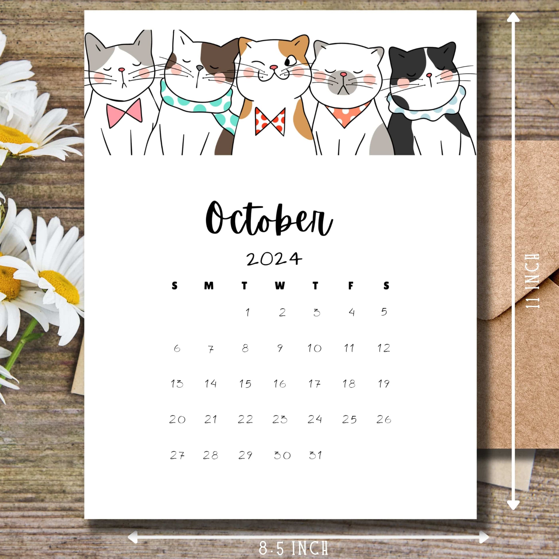 ctober 2024 calendar page with charming cat illustrations wearing colorful accessories, 8.5 x 11 inch size, displayed on wooden surface with daisy flowers, ideal for students and teachers.