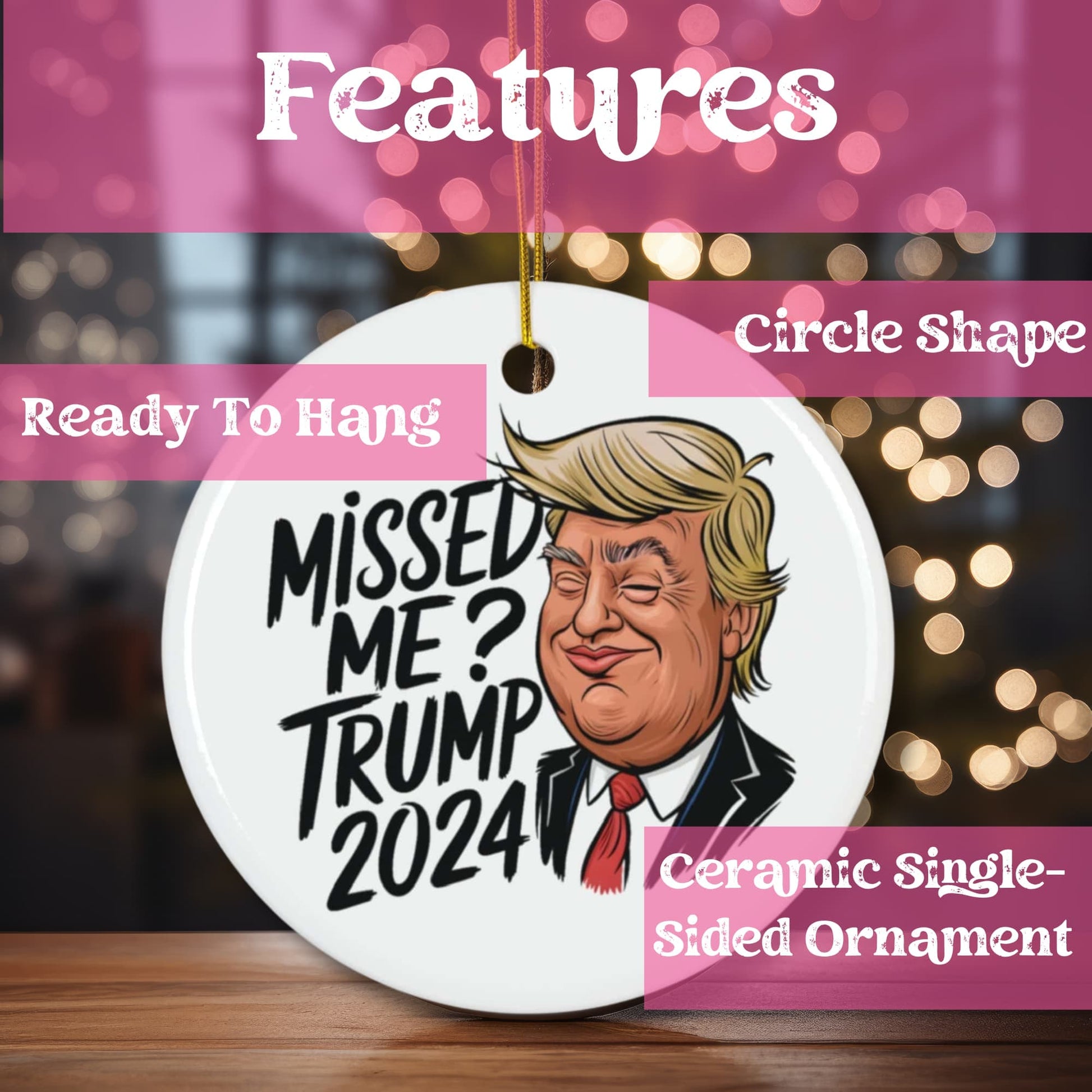 Product features showcase highlighting circle shape, ready-to-hang design, and single-sided ceramic construction of limited edition 2024 holiday ornament.