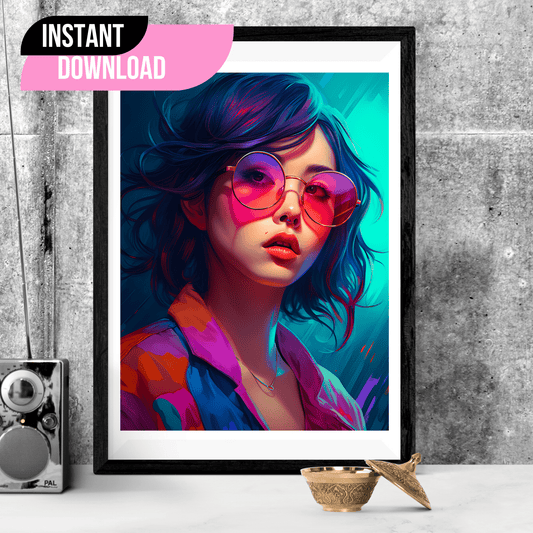 poster of a beautiful girl wearing circle tint glasses framed in a black wooden frame
