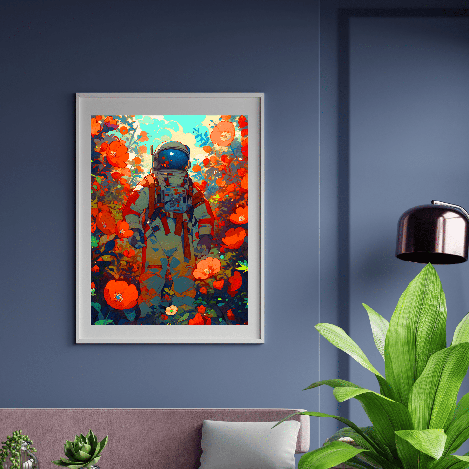 poster mockup of astronaut in red flowers field