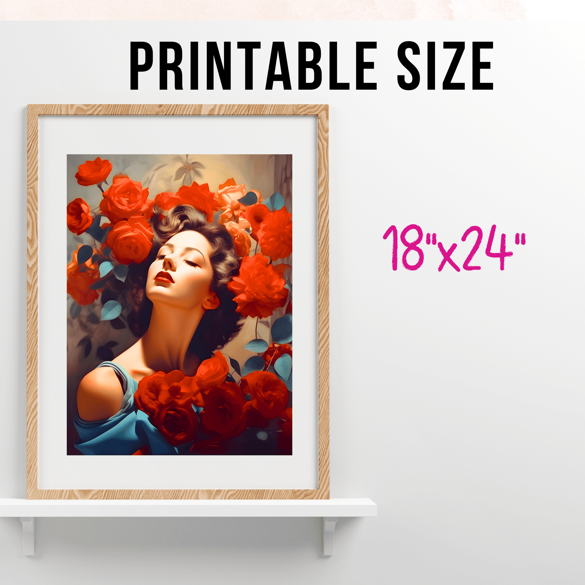 print size directions of a printable poster of a vintage looking woman picture