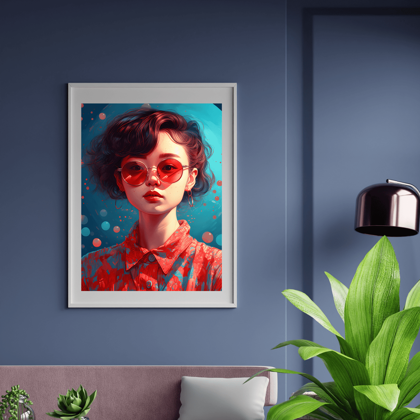 poster of a woman face in vibrant teal and red color printed and framed in a white frame, hanging on a wall