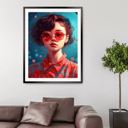 stunning female wearing red tint glasses and red blouse printed and framed in a wooden frame