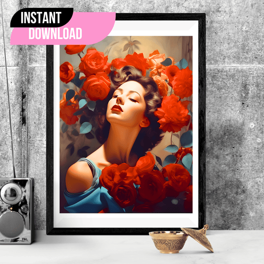 Framed vintage poster of a stunning woman surrounded by red roses, standing on a table