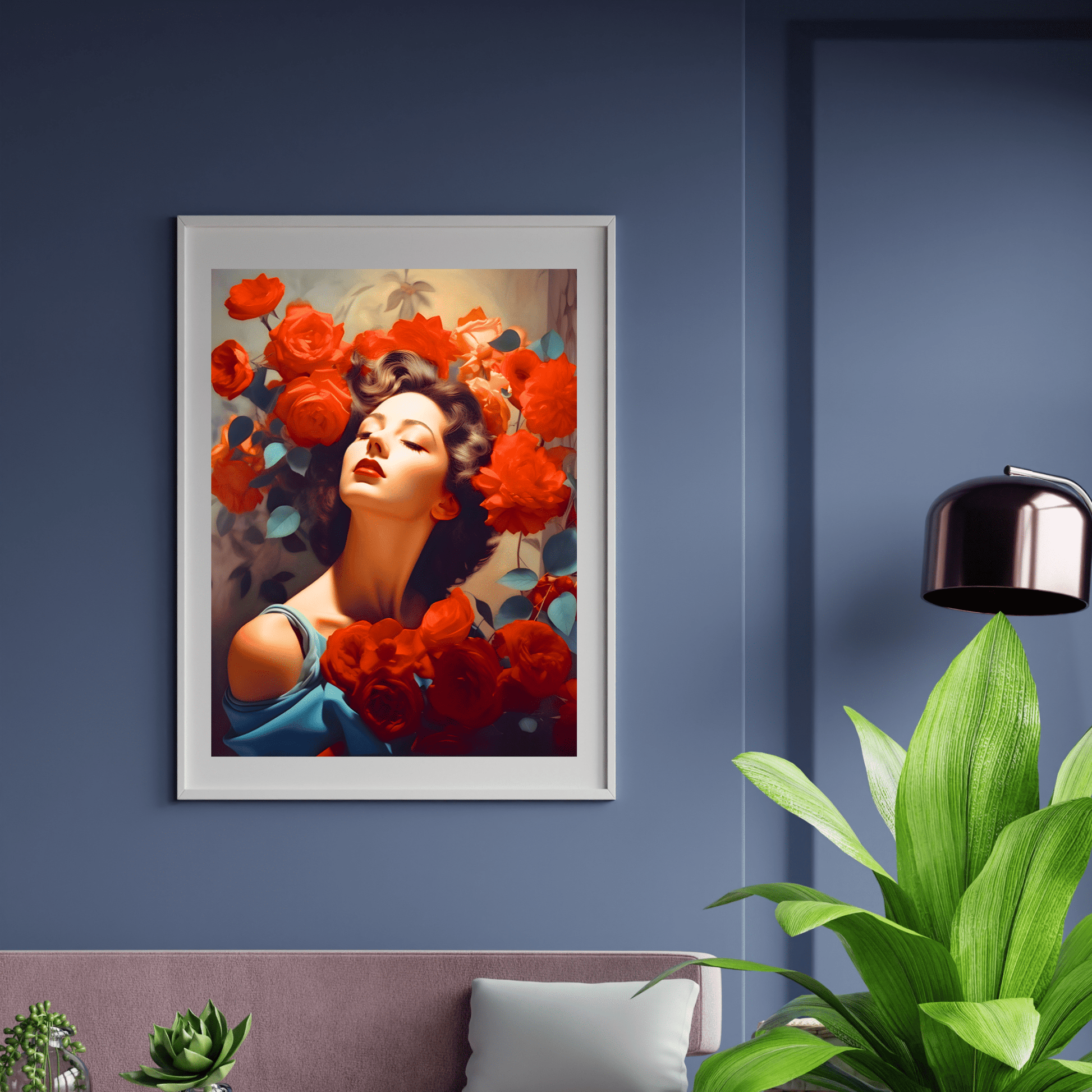 white framed printable poster of a woman with red roses around her face. Frame is mounted on a blue wall.