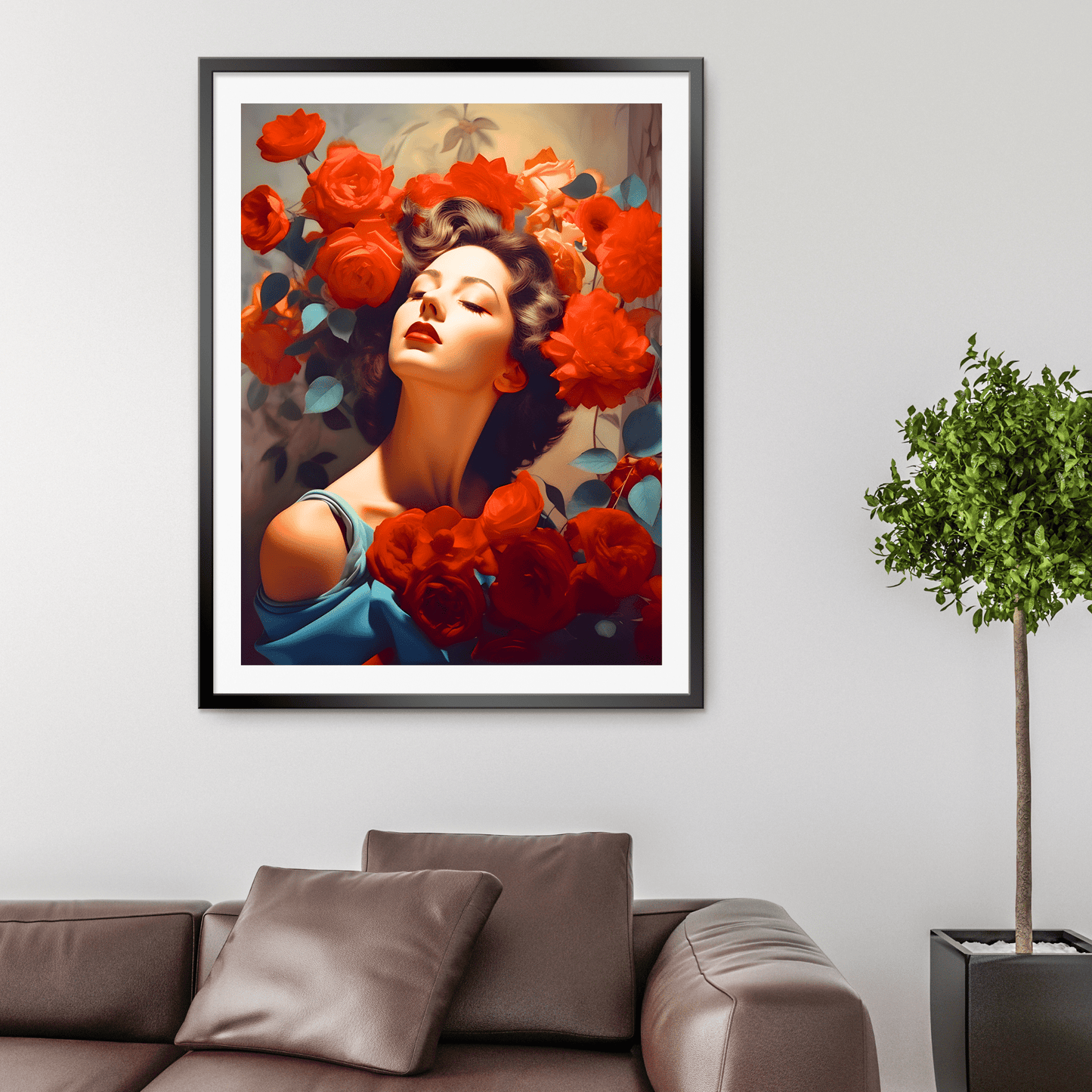 vintage poster of a woman surrounded by red roses and framed in a black frame, mounted a white wall of a living room