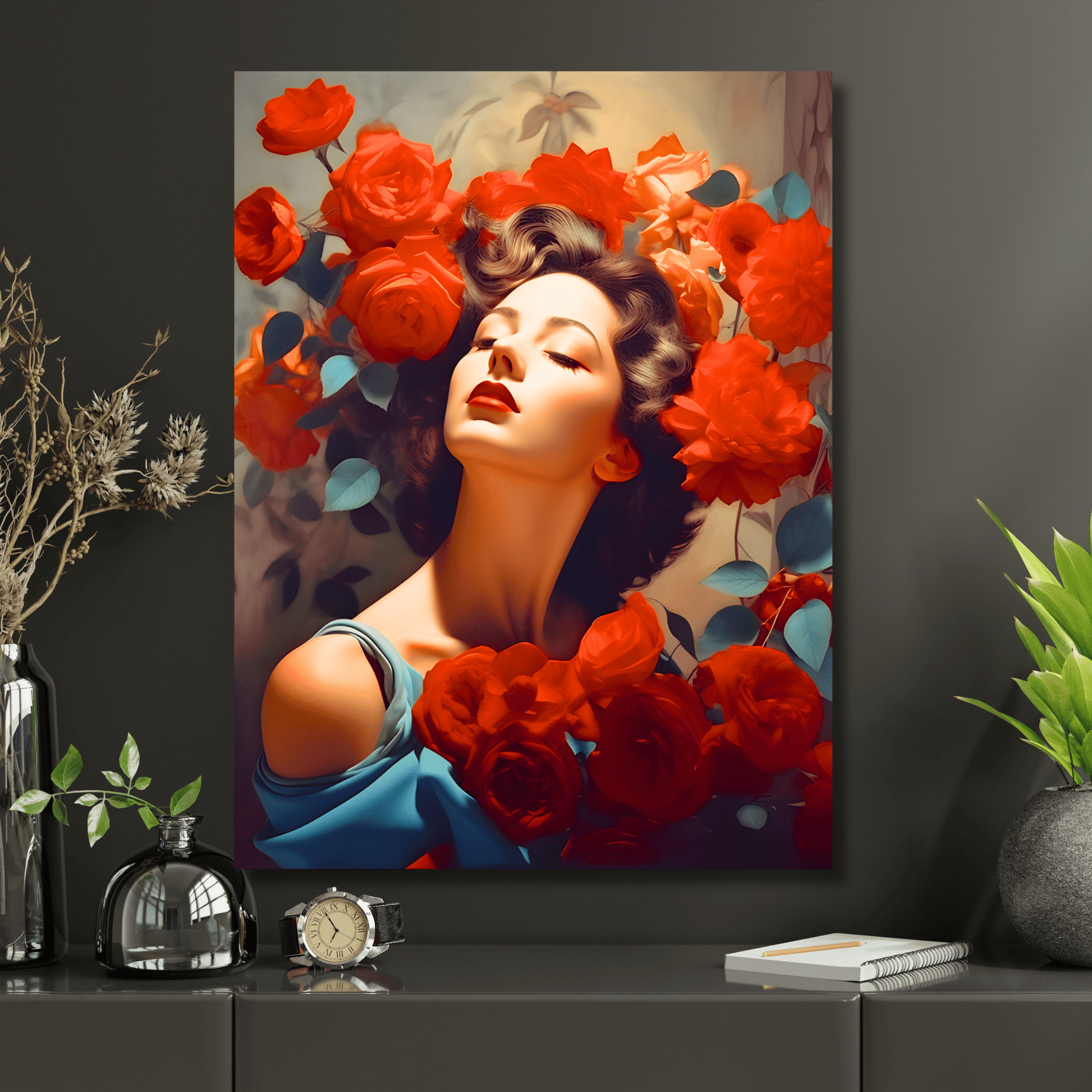 Canvas print of a stunning woman in vintage look mounted on a black wall