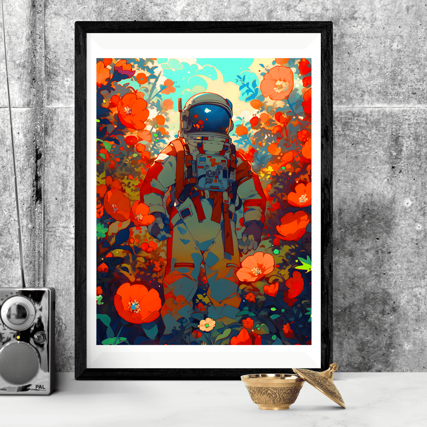 astronaut in poppy flowers