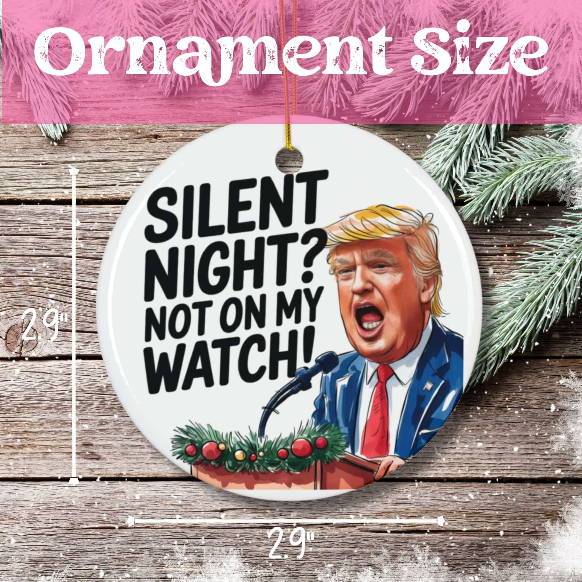 Size demonstration of 2.9-inch diameter ceramic Christmas ornament featuring conservative humor design with holiday garland accent, measurement guide shown.