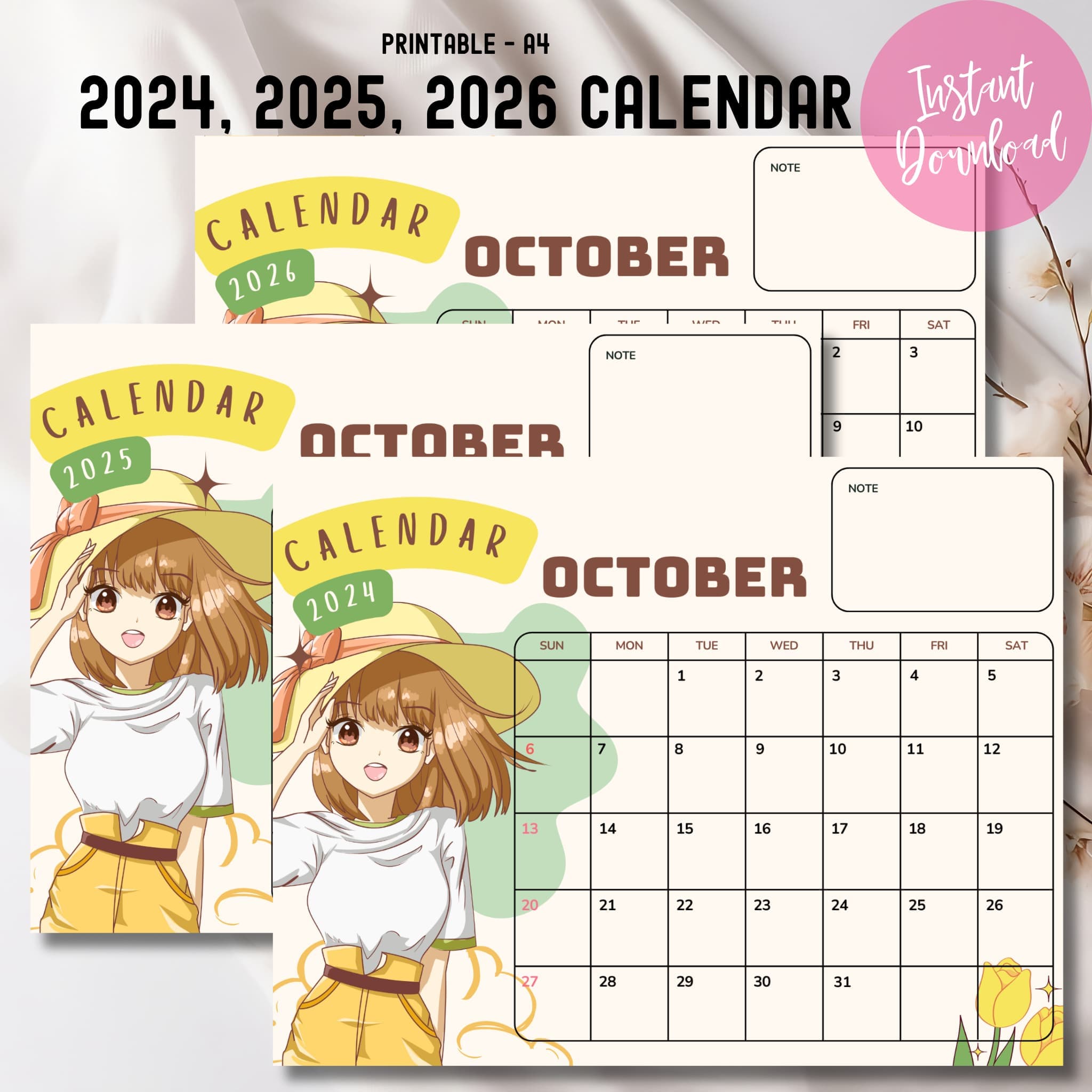 🗓️ Free Anime Calendar 2024-2026 | Cute Printable Monthly Planner ...