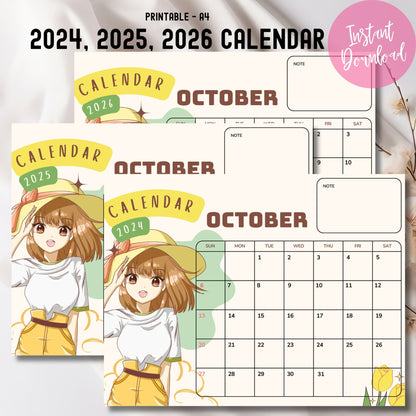 Product display of 2024-2025-2026 October calendars with anime girl design. A4 printable format with instant download label. Calendars show month grids and note sections on fabric background with dried flowers.