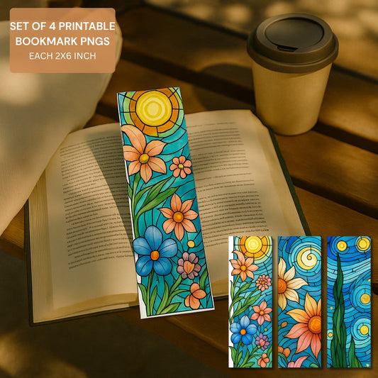 Printable stained glass bookmarks bundle featuring floral designs in coffee shop reading scene