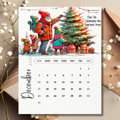 Elegantly displayed December 2023 Calendar by Sarsari Creations, accompanied by a matching envelope and delicate flowers for a decorative touch