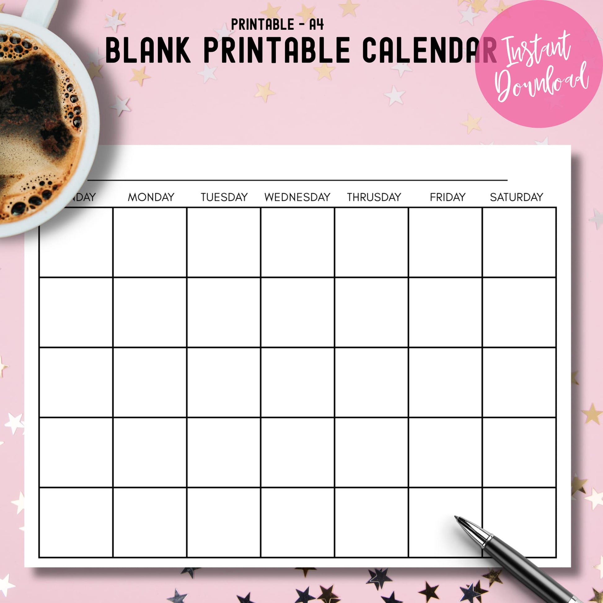 Instant download blank calendar template styled with coffee cup on pink background with gold stars