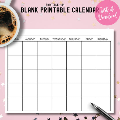 Instant download blank calendar template styled with coffee cup on pink background with gold stars