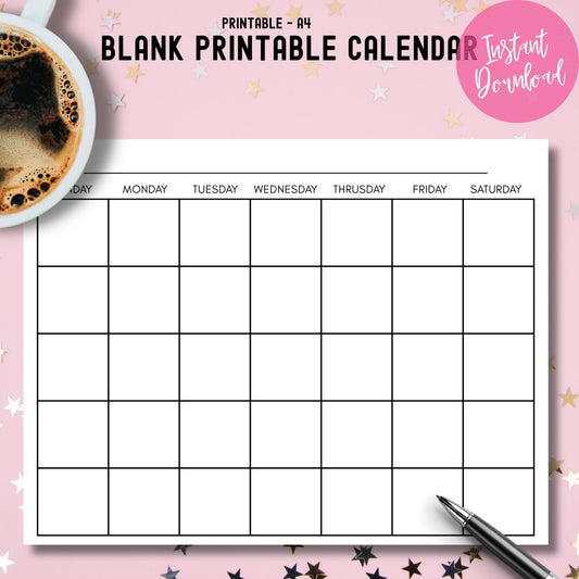 Instant download blank calendar template styled with coffee cup on pink background with gold stars
