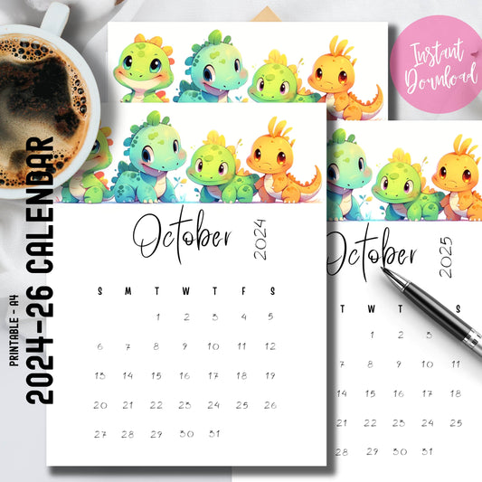 Set of printable October 2024 and 2025 calendars with cute dinosaur artwork, shown with coffee cup and pen, emphasizing the free download and compatibility with school planning.