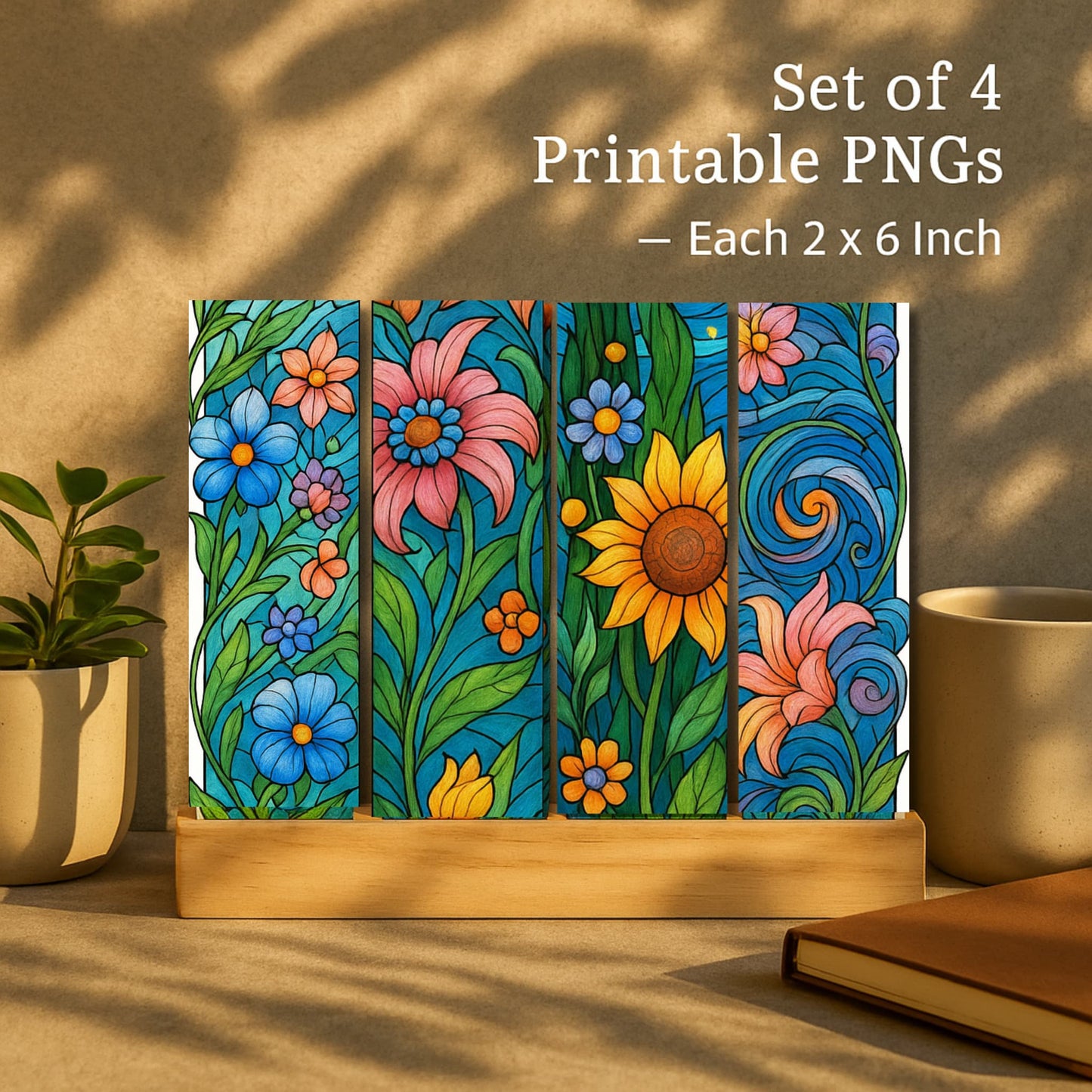 Set of four printable stained glass bookmarks with flowers and swirls on wooden display stand