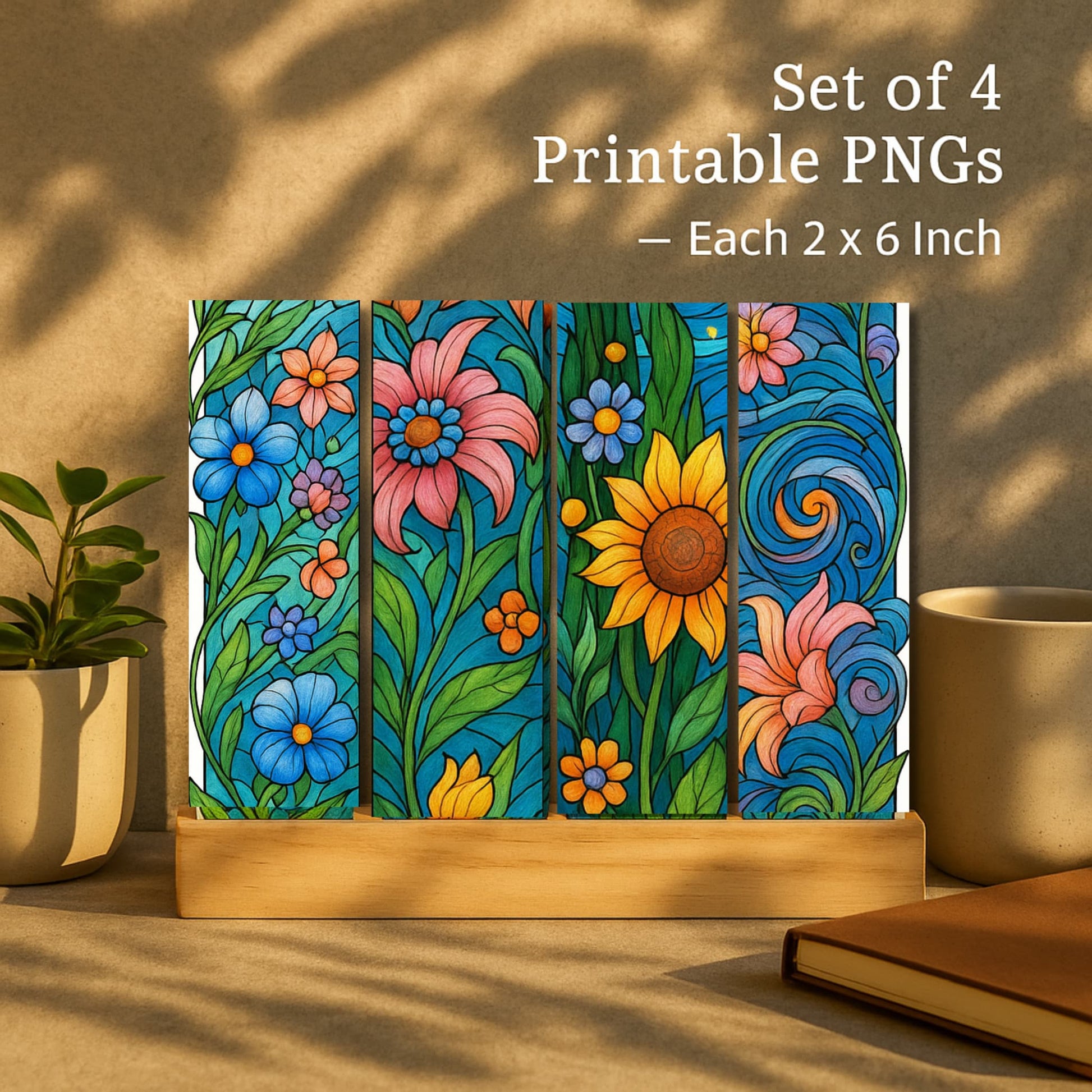 Set of four printable stained glass bookmarks with flowers and swirls on wooden display stand