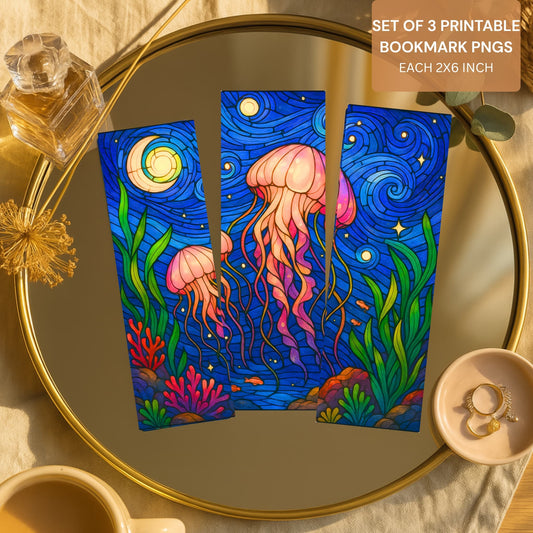 Set of three printable jellyfish bookmarks featuring blue ocean waves and pink coral marine life
