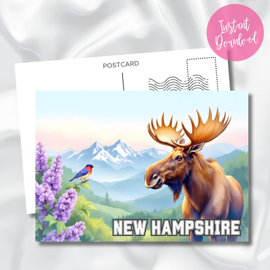 Digital download card of New Hampshire wildlife featuring a large moose and colorful bird near blooming lilacs and snowy peaks