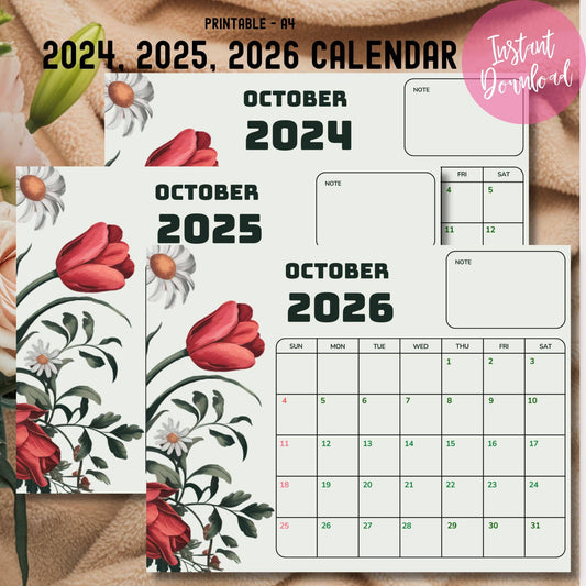 Product display of 2024-2025-2026 October calendars. A4 printable format with instant download label. Calendars show floral design, month grids, and note sections on textured fabric background.