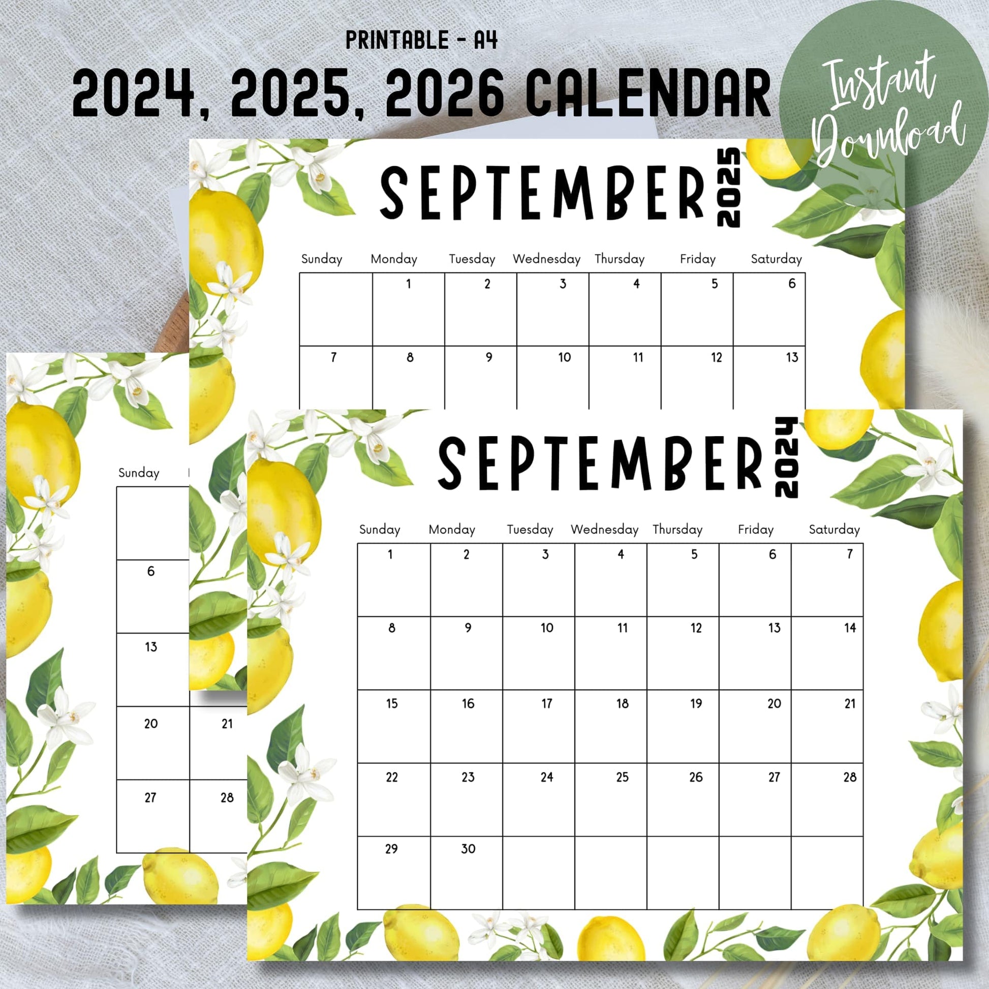 Printable A4 calendars for 2024-2026, featuring September with lemon design. 'Instant Download' highlighted in green circle.