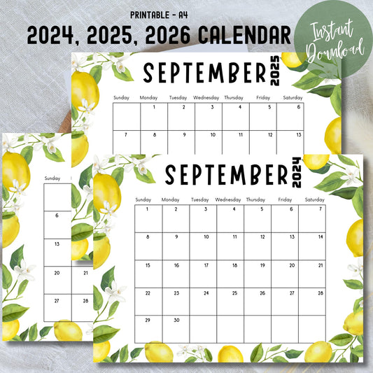 Printable A4 calendars for 2024-2026, featuring September with lemon design. 'Instant Download' highlighted in green circle.